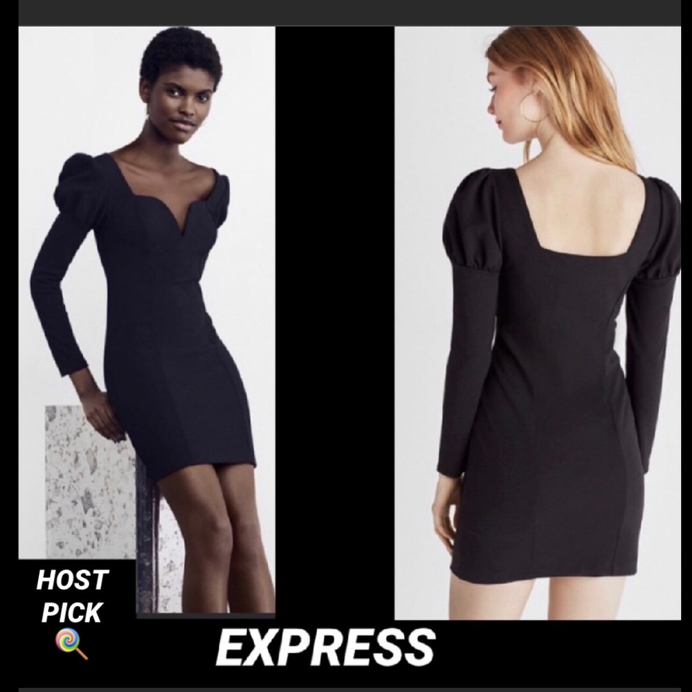 EXPRESS DEEP PLUNGE V NECK PUFF SLEEVE DRESS